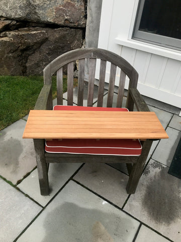 Use of our TBS-30 shelf for an outside chair. Hooks onto the arms of the chair to provide a shelf/desktop while sitting in the chair.