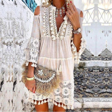 Summer tassel boho dress women v Neck seven sleeve loose short dresses femme holiday bohemian chic dress plus size rode - Fab Getup Shop