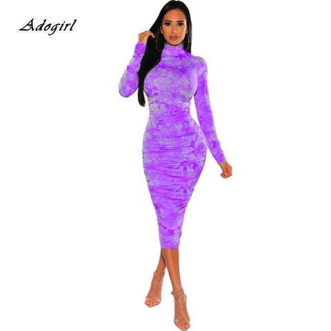 Spring Ruched Tie Dye Print Long Women Dress Sexy O Neck Long Sleeve Neon - Fab Getup Shop