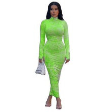 Spring Ruched Tie Dye Print Long Women Dress Sexy O Neck Long Sleeve Neon - Fab Getup Shop