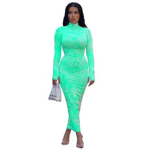 Spring Ruched Tie Dye Print Long Women Dress Sexy O Neck Long Sleeve Neon - Fab Getup Shop