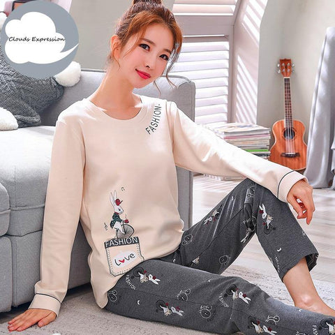 Winter Sleep Lounge Pajama Long Sleeve Top + Long Pant Woman Pajama Set Cartoon Pajamas Cotton - Fab Getup Shop