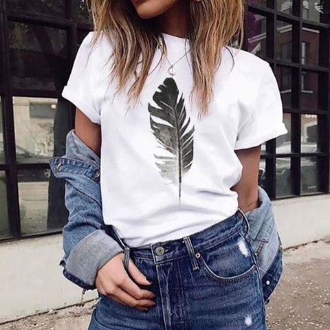 T Shirt Women Loose Short-Sleeved Leaf Print Tshirt O-Neck Summer Top Short Sleeve - Fab Getup Shop