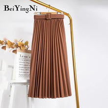 High Waist  Skirt Casual Vintage Solid Belted Pleated Midi Skirts Lady 11 Colors - Fab Getup Shop