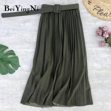 High Waist  Skirt Casual Vintage Solid Belted Pleated Midi Skirts Lady 11 Colors - Fab Getup Shop