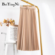 High Waist  Skirt Casual Vintage Solid Belted Pleated Midi Skirts Lady 11 Colors - Fab Getup Shop