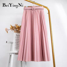 High Waist  Skirt Casual Vintage Solid Belted Pleated Midi Skirts Lady 11 Colors - Fab Getup Shop