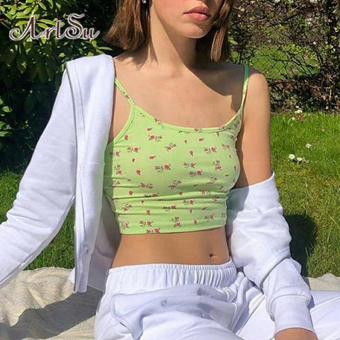 Floral Off Shoulder Spaghetti Straps Sleeveless Crop Top - Fab Getup Shop