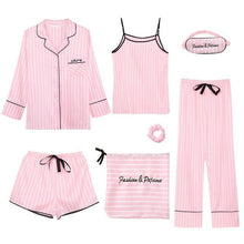 Women's 7 Pieces Pajamas Sets Faux Silk Striped Pajama Women Sleepwear Sets Spring Summer Autumn - Fab Getup Shop