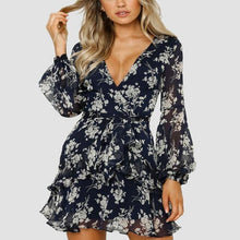 Paris Girl Sexy Summer Autumn Women Chiffon Dress See Through Long Sleeve Floral Printed Dresses V Neck Short Mini  Female - Fab Getup Shop