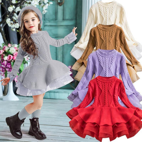 Winter Knitted Chiffon Girl Dress Christmas Party Long Sleeve Children Clothes Kids - Fab Getup Shop