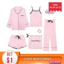 Women's 7 Pieces Pajamas Sets Faux Silk Striped Pajama Women Sleepwear Sets Spring Summer Autumn - Fab Getup Shop