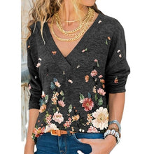 Women's Autumn V-neck Flower Print Long-sleeved Casual T-shirt Plus Size