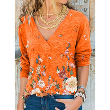 Women's Autumn V-neck Flower Print Long-sleeved Casual T-shirt Plus Size