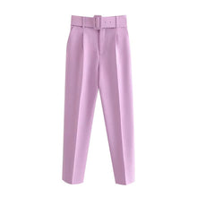 Office Wear Pants With Belt Side Pockets - Women's High Waist Ankle Trousers