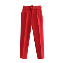 Office Wear Pants With Belt Side Pockets - Women's High Waist Ankle Trousers