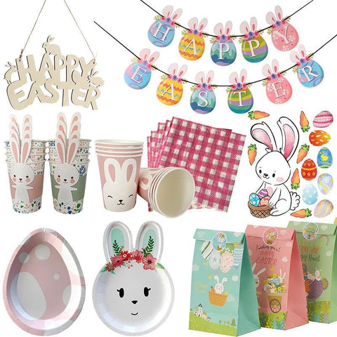 1pc Happy Easter Decoration Rabbit Bunny Egg Shape Banner Cup Plate Gift Bags Easter Party Deco Disposable Tableware Party Favor - Fab Getup Shop