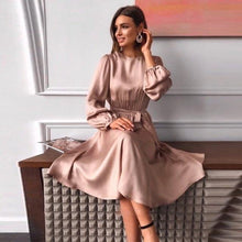 Women Vintage Sashes Satin A-line Party Dress Long Sleeve O neck Solid Elegant Casual Mid Dress 2021 Summer New Fashion Dress - Fab Getup Shop