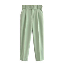 Office Wear Pants With Belt Side Pockets - Women's High Waist Ankle Trousers