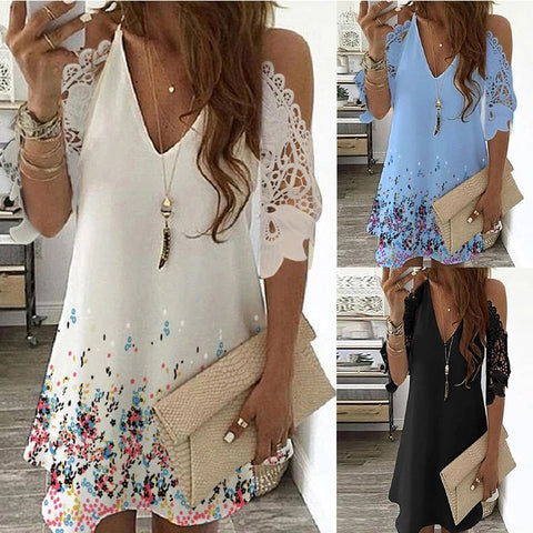 V-neck Floral Print Midi Dresses