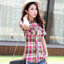 Brand Summer Style Plaid Print Short Sleeve Shirts Women Plus Size Blouses Casual 100% Cotton Tops Blusas 14 Colors - Fab Getup Shop