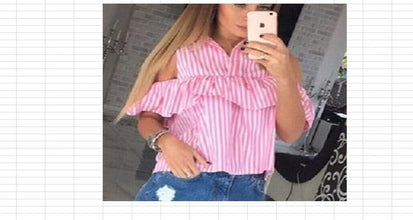 Trendy Summer Women Loose Ruffles Off the Shoulder Plaid Striped Blue Pink Shirts Top Casual Blouses - Fab Getup Shop