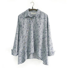 Johnature  Spring New Women Shirt Cotton Linen Button White Blue Floral Turn-down Collar Irregular Plus Size Loose Blouse - Fab Getup Shop