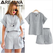 Women Summer Casual Cotton Linen V-neck short sleeve tops + shorts two piece set Female Office Suit Set Women's Costumes - Fab Getup Shop