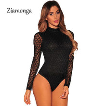 Ziamonga  Bodysuit Jumpsuit Romper Women Black White Hollow Long Sleeve Mesh Bodycon Jumpsuits Stretch - Fab Getup Shop