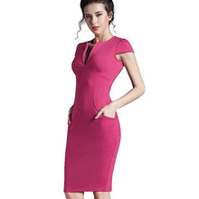 Nice-forever Office Women Vintage Summer Solid Deep V neck Zipper Back Formal Stretch Pencil work Bodycon Pocket Dress 521 - Fab Getup Shop