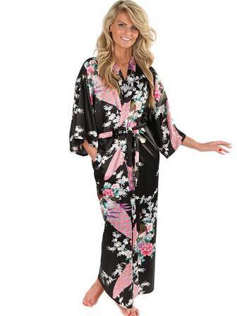 Brand  Black Women Silk Kimono Robes Long Sexy Nightgown Vintage Printed Night Gown Flower Plus Size S M L XL XXL XXXL A-045 - Fab Getup Shop