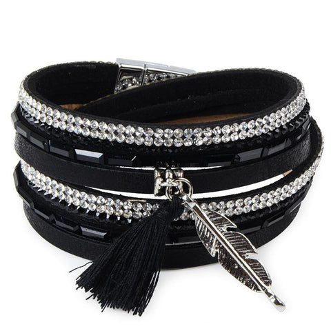 Rhinestone Feather Wide Multilayer Leather Bracelet Magnetic Tassel Bracelet Women Wrap Charm Boho Bohemian Bracelets Bangle Men - Fab Getup Shop