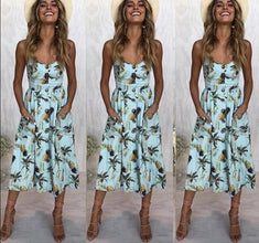 Casual Vintage Sundress Women Summer Dress  Boho  Dress Midi Button Backless Polka Dot Striped Floral Beach Dress - Fab Getup Shop