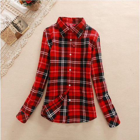 Autumn Winter Ladies Female Casual Cotton Lapel Long-Sleeve Plaid Shirt Women Slim Outerwear Blouse Tops - Fab Getup Shop