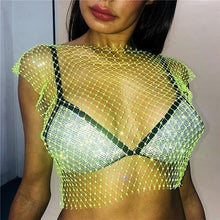 Festival Queen  Diamonds Mesh Cropped Tank Top Women Summer Cover Up Bikini See Through Rhinestone Net Party Club Crop Top - Fab Getup Shop