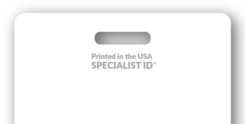 Close-up of a Custom Printed Badge Buddy Vertical (Standard Size) with an oval-shaped hole on top, perfect for hang tags. The text "Printed in the USA SPECIALIST ID" is printed below the hole in gray lettering. The card otherwise appears blank, ready for custom badge buddies or other identification needs.