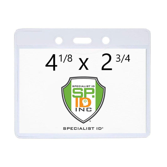 Clear vinyl name badge holder fits government and military I.D. cards  horizontally and has an oval slot.