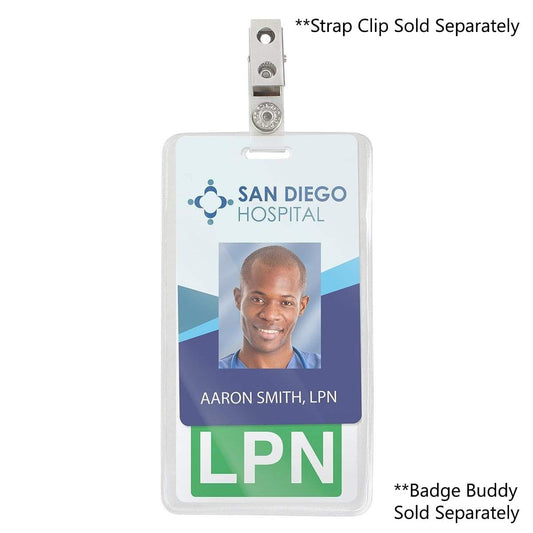 Clear vinyl name badge holder fits government and military I.D. cards  horizontally and has an oval slot.