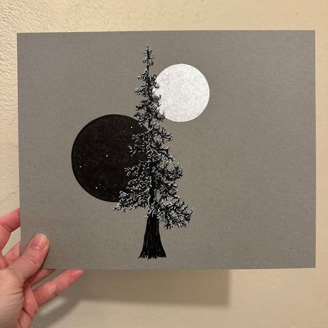 tree drawing with star circle and silver moon