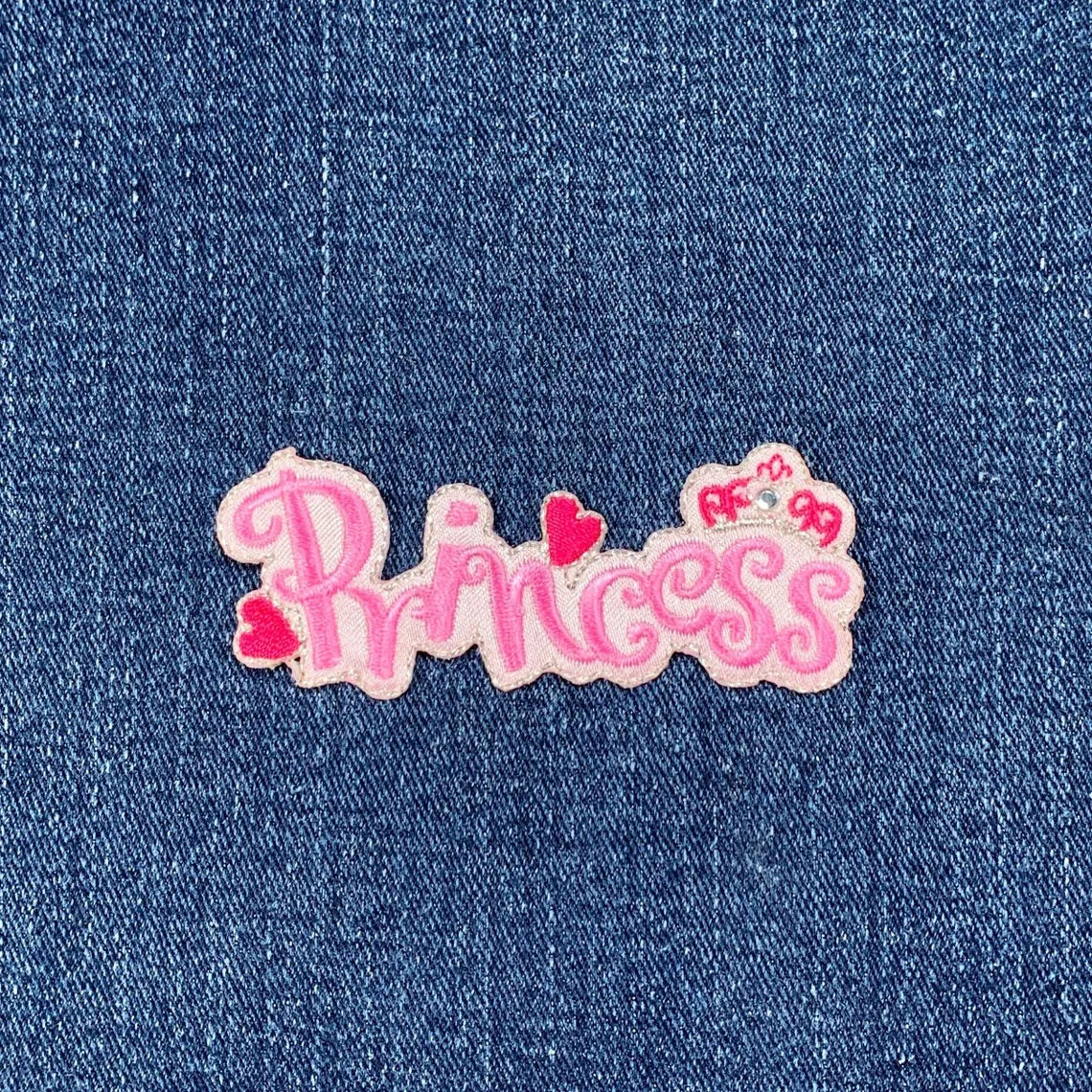 Princess Applique Patch - Pink Hearts Sparkly Gem Embroidered Badge 3" (Iron On)