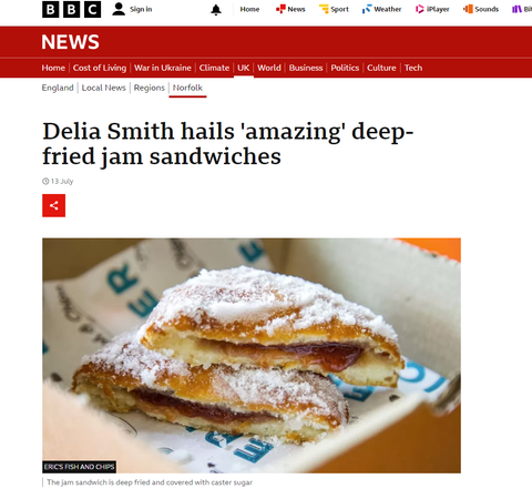 BBC news article on Eric's fish and Chips jam sandwich featuring branded greaseproof paper