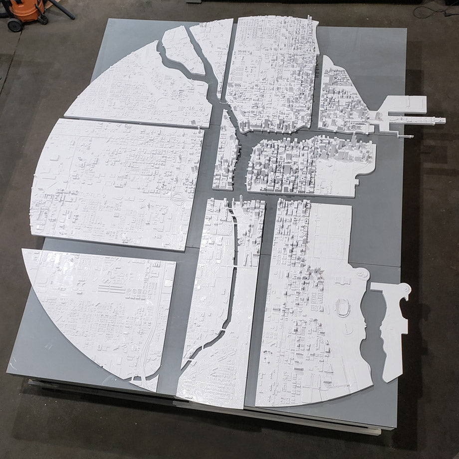The 12 main pieces of our 15' diameter circular model of Chicago viewed from overhead