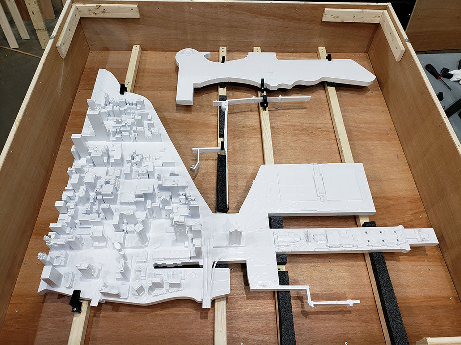 Three of the twelve modular sections of our 15' diameter Chicago model in their crate.