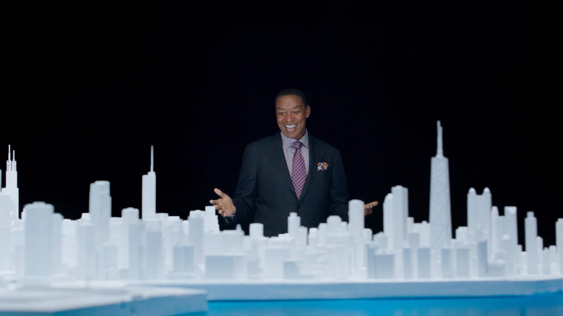 Isiah Thomas with Microscape's 15 foot diameter circular model of Chicago