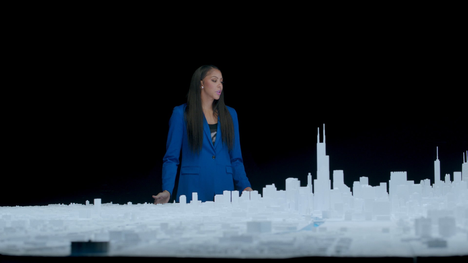 Candace Parker with Microscape's 15 foot diameter circular model of Chicago