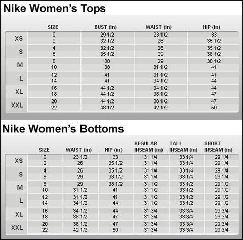 nike jacket size chart