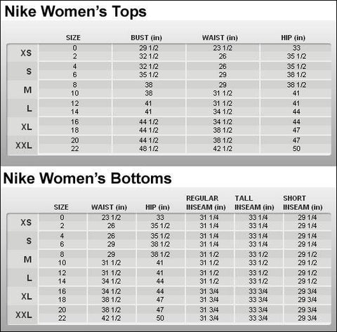 nike womens clothing size chart