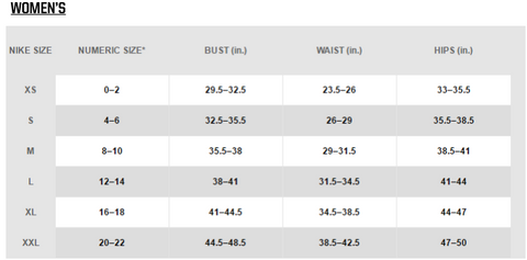 nike size chart girls