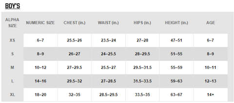 nike size chart girls