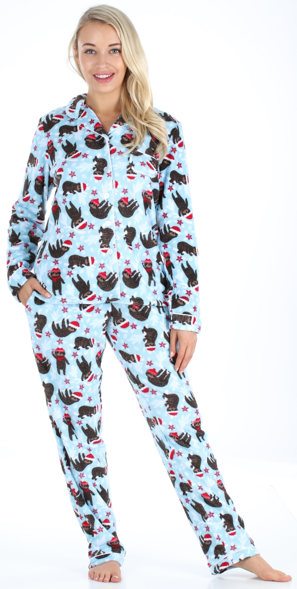 PajamaMania Women’s Plush Fleece Long Sleeve 2-Piece Button-Down Pajam ...